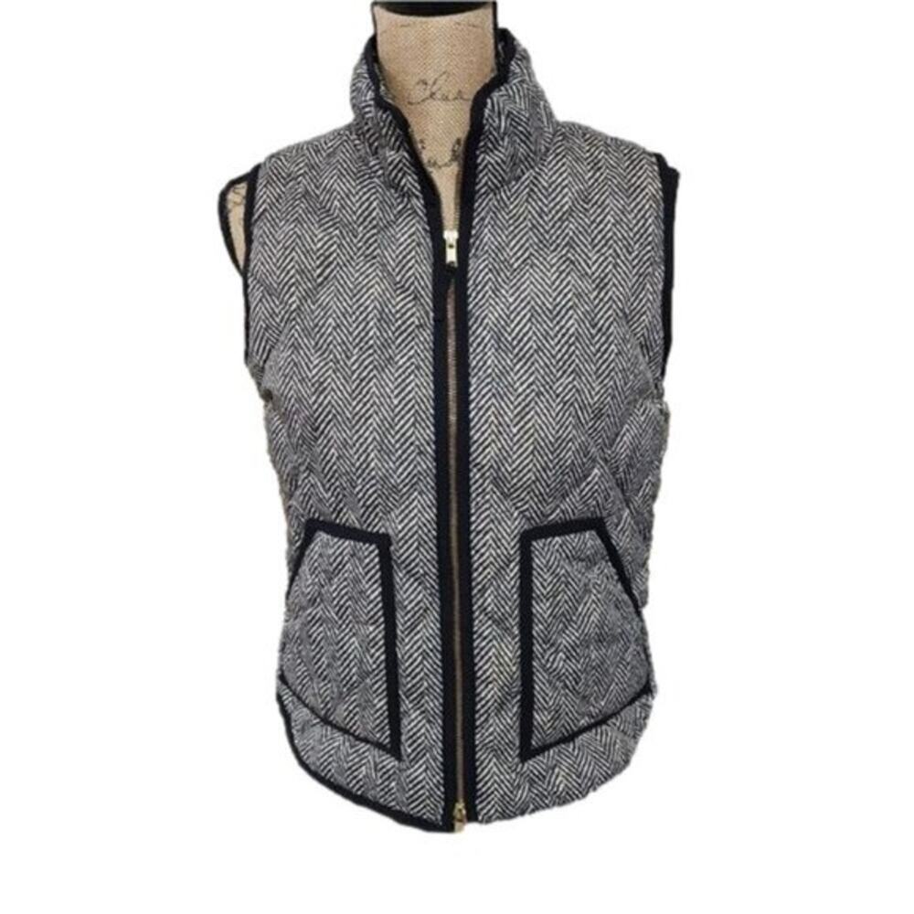 J. CREW Herringbone Puffer Vest Black White Sleeveless Quilted‎ Padded Winter
